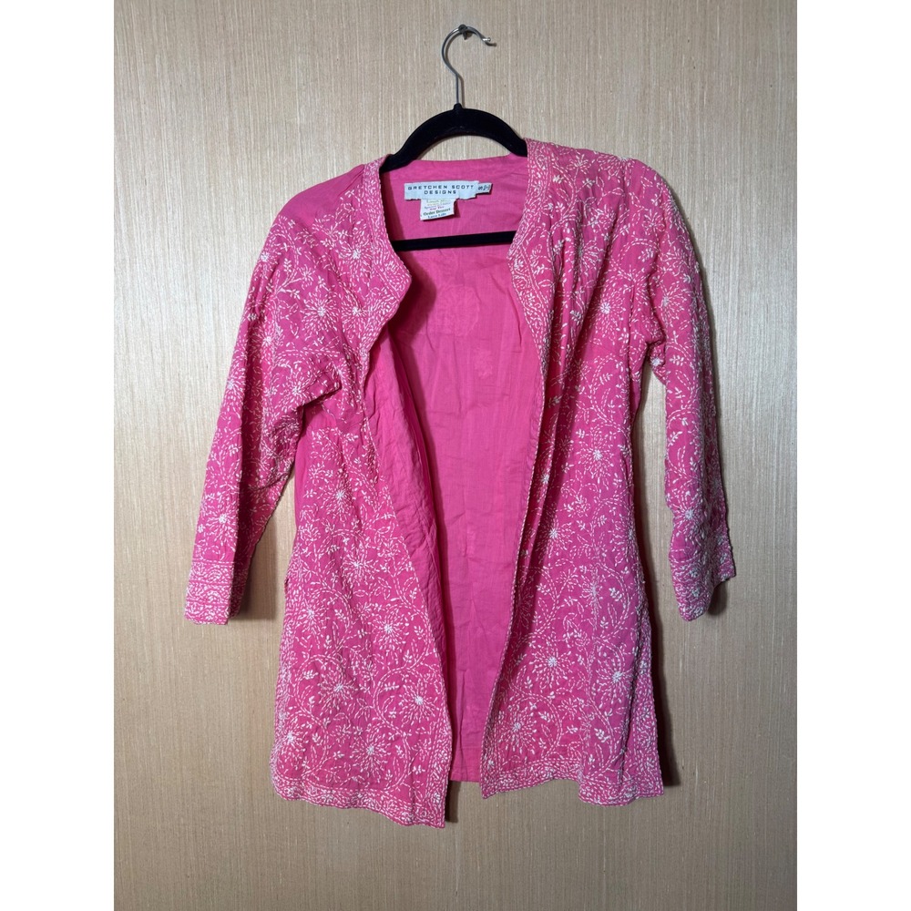 Gretchen Scott Designs Pink White Floral Embroidered Cotton Tunic Jacket Small